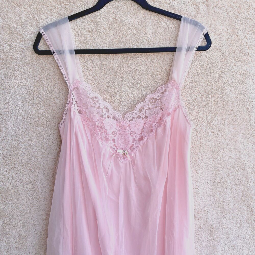 Vtg Pink Chiffon Lace Nightgown Sleeveless Sz M? Slip Dress Lingerie Boudoir